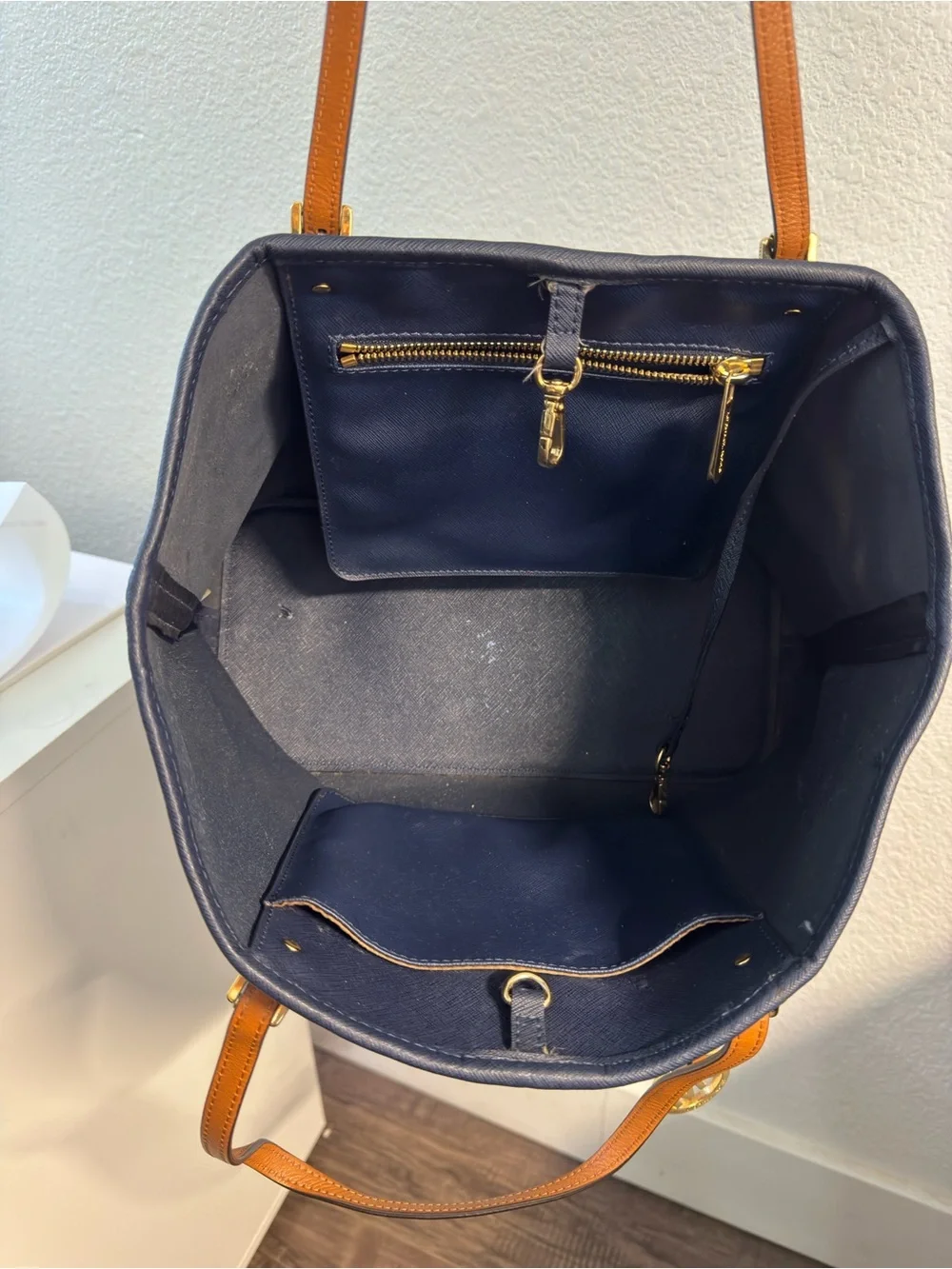 Michael Kors Navy & White Stripe Saffiano Tote with Tan Handles